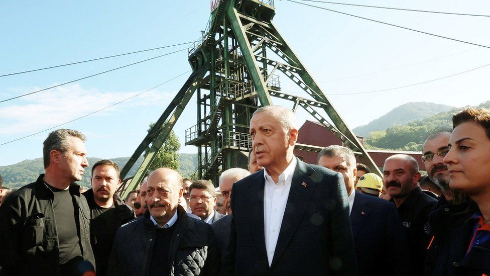 Turkish President Recep Tayyip Erdogan visits the site of the mine.