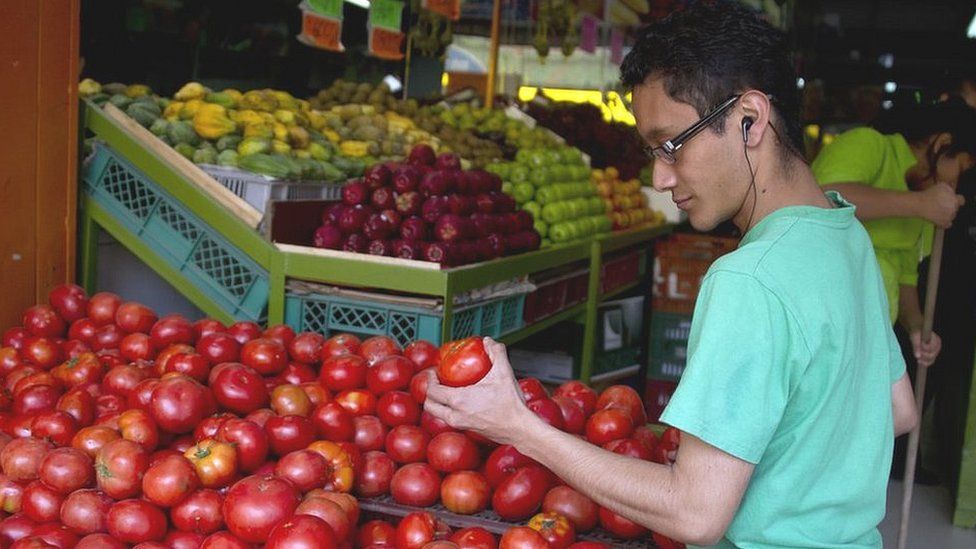 Man checking tomatoes in market