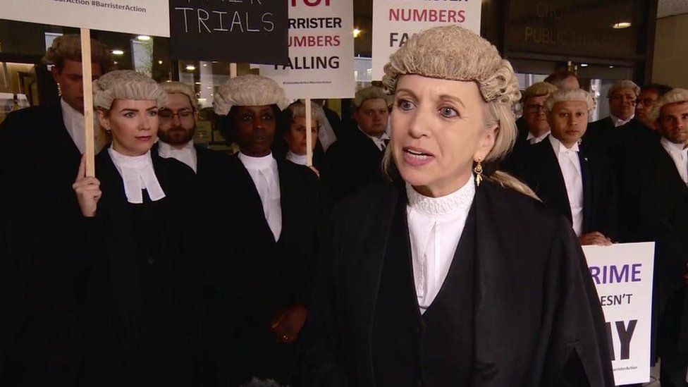 Kirsty Brimelow stands in her barrister's wig in front of a group of barristers on the picket line holding placards in their work outfits