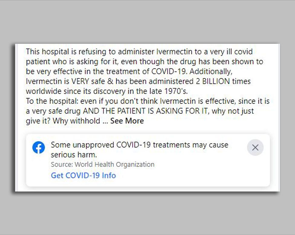 In einem Facebook-Post wird beklagt, dass ein Krankenhaus einen schwerkranken Patienten nicht mit Ivermectin behandeln wird, obwohl das Medikament sicher und wirksam ist und der Patient danach fragt.