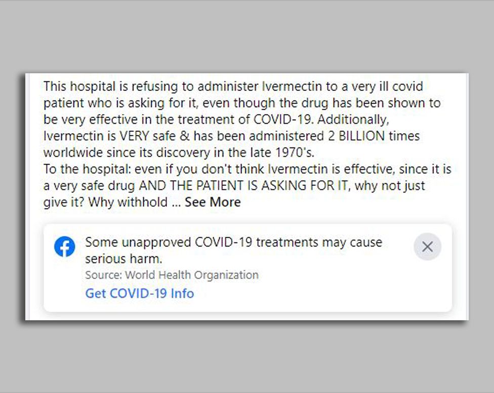 Сообщение в Facebook жалуется, что больница не будет лечить очень больного пациента ивермектином, несмотря на то, что препарат безопасен и эффективен, и пациент просит об этом.