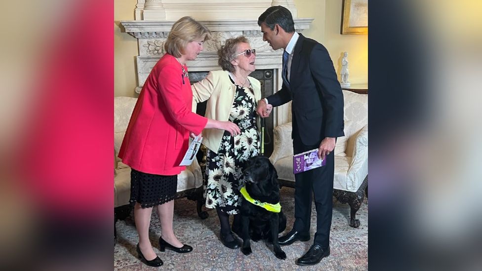 MP Anna Firth and Jill Allen-King with her guide dog meeting Prime Minister Rishi Sunak at an event for community champions