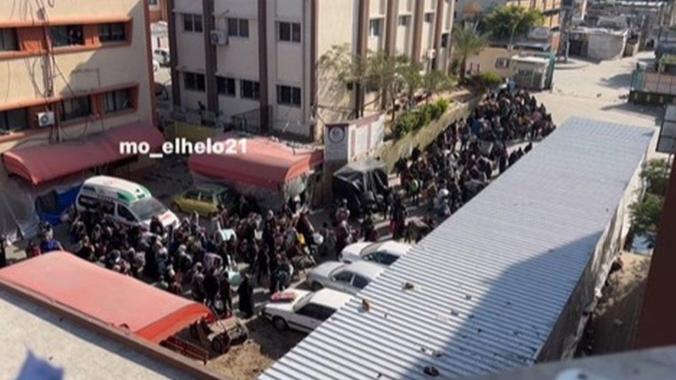 Screengrab posted by Palestinian journalist Mohammed al-Helo showing civilians leaving Nasser hospital in Khan Younis, southern Gaza (14 February 2023)