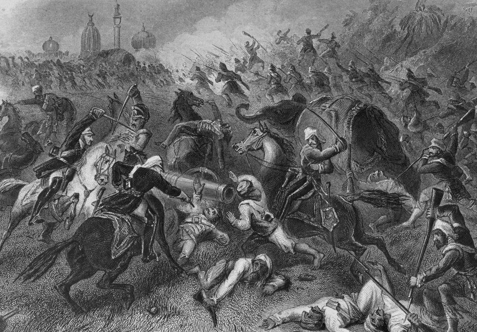 A scene from the battle at Kanpur where an entire British garrison, including women and children, was wiped out during the Indian Mutiny