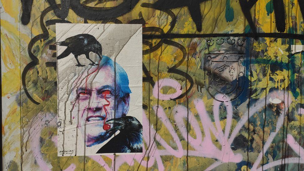 A mural showing Sebastián Piñera with his eyes painted red in reference to the protesters blinded by police projectiles