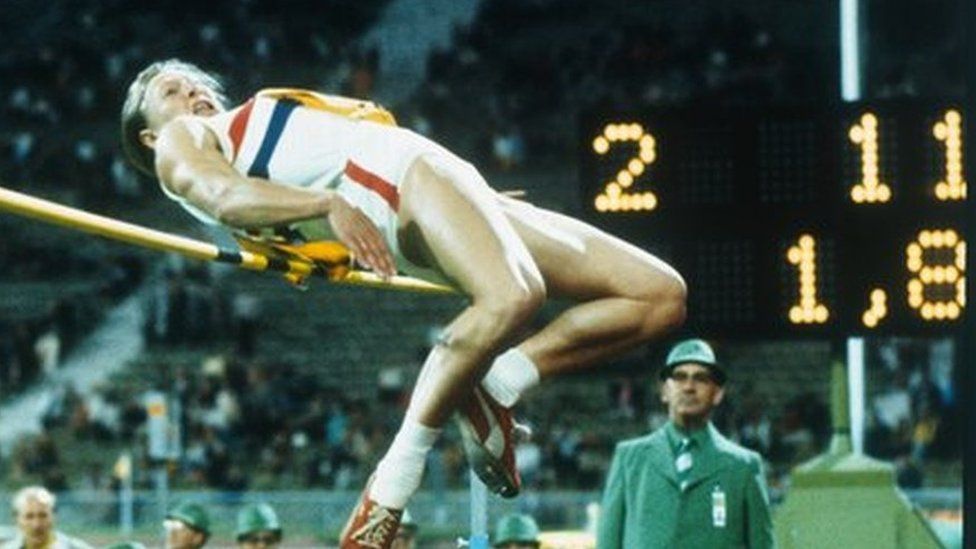 Lady Mary Peters competing in the high jump in the pentathlon at the 1972 Munich Olympic Games