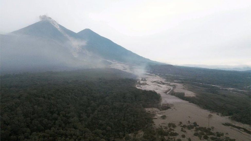 Aerial view of the San Miguel Los Lotes hamlet, after yesterday's eruption of the Fuego volcano, in Escuintla, Guatemala, 04 June 2018.