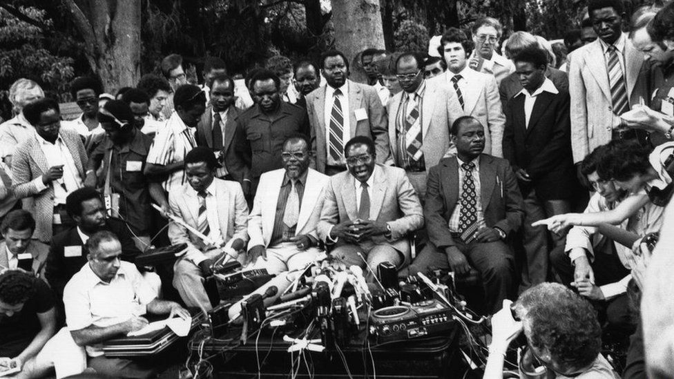 Robert Mugabe holds a press conference as newly elected prime minister of Zimbabwe, March 6th 1980