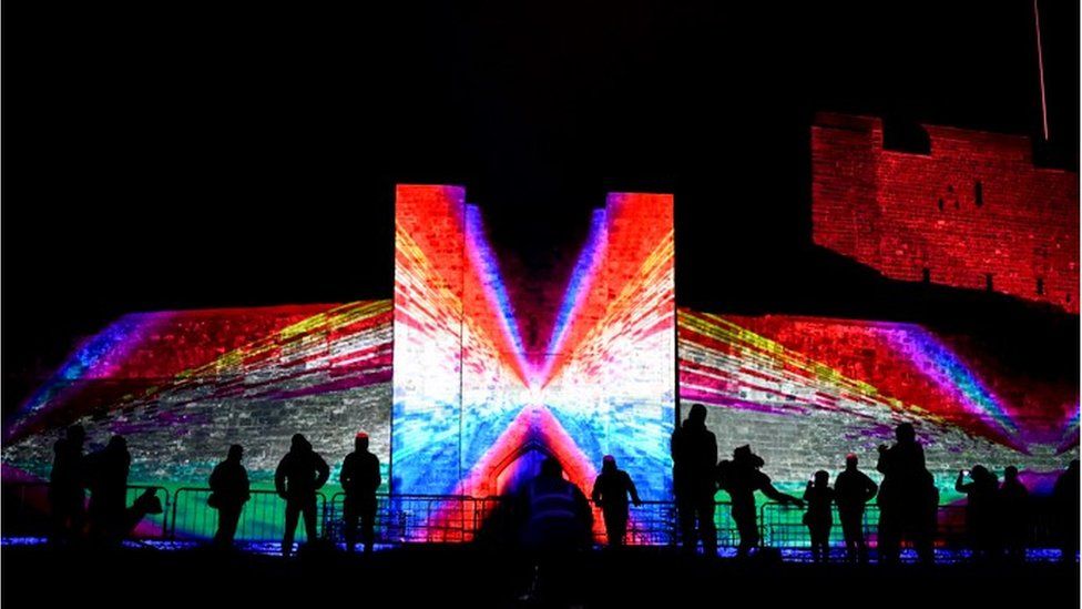 Exterior of Carlisle Castle transformed by lights