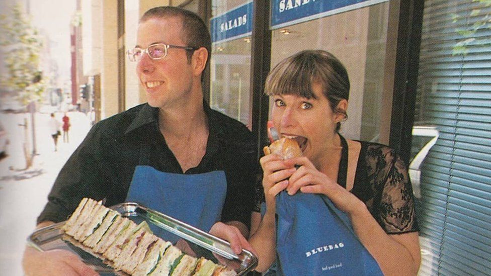 Abigail Forsyth and her brother Jamie, outside one of their old cafes in the late 1990s