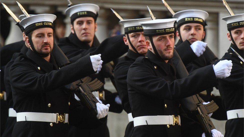 Members of the armed forces during the Remembrance Sunday service at the Cenotaph memorial