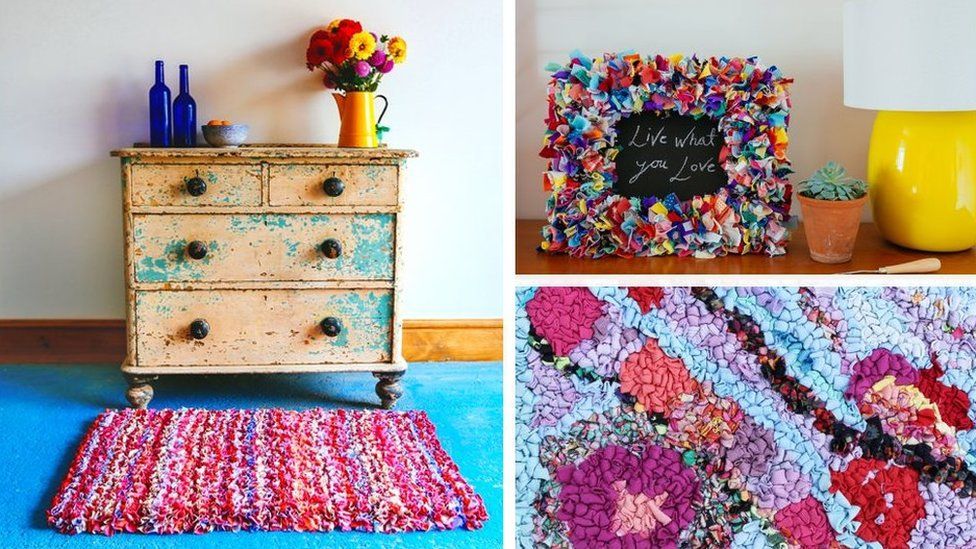 Collage image showing rag rug, rag photo frame and close-up of the technique
