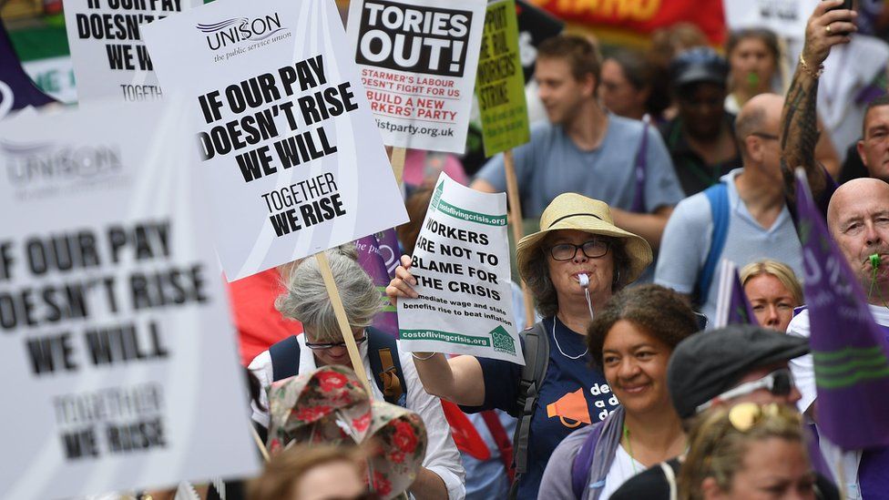 Protesters demonstrate in central London, Britain, 18 June 2022