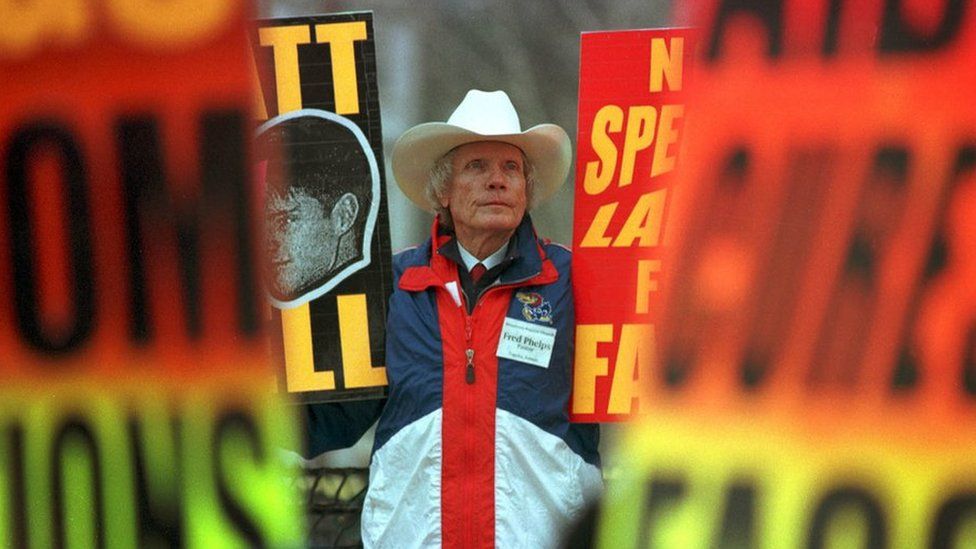 Rev Fred Phelps and his flock protest in Laramie in April 1999
