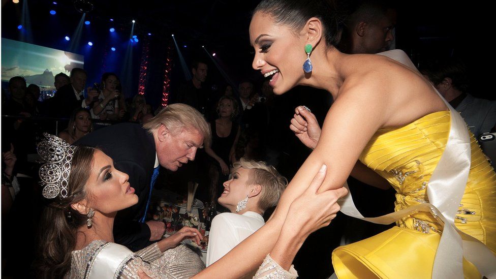 Billionaire and then Miss Universe co-owner Donald Trump, Miss Switzerland Dominique Rinderknecht, Miss Universe 2013 Gabriela Isler and Miss Puerto Rico Monic Perez attend the Miss Universe 2013 pageant after-party at the Crocus City Hall in Moscow, Russia