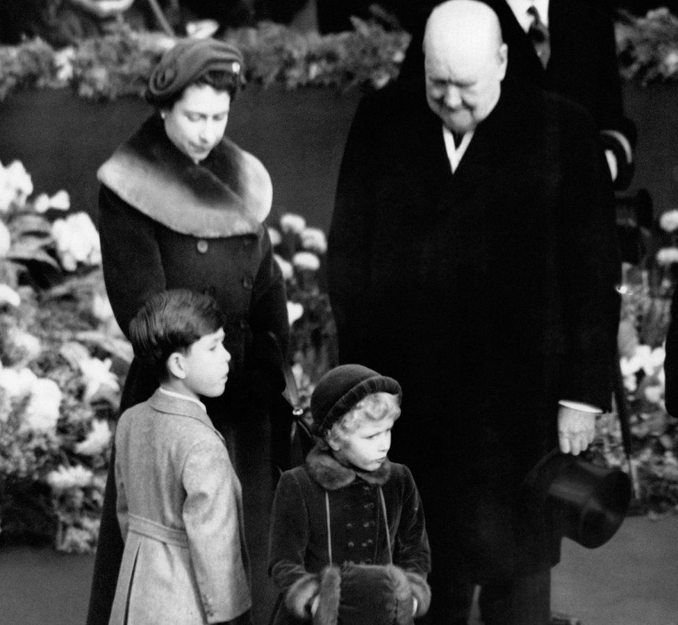 Queen Elizabeth, Sir Winton Churchill with Prince Charles and Princess Anne