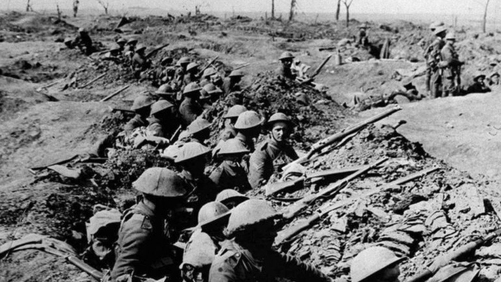 British infantry in a shallow trench during the Battle of the Somme