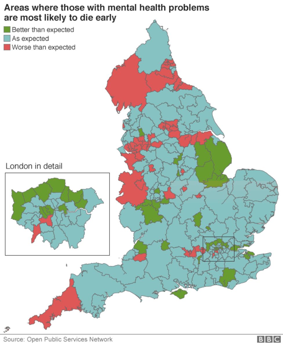 Mental health early deaths 'worrying in one in four areas' - BBC News