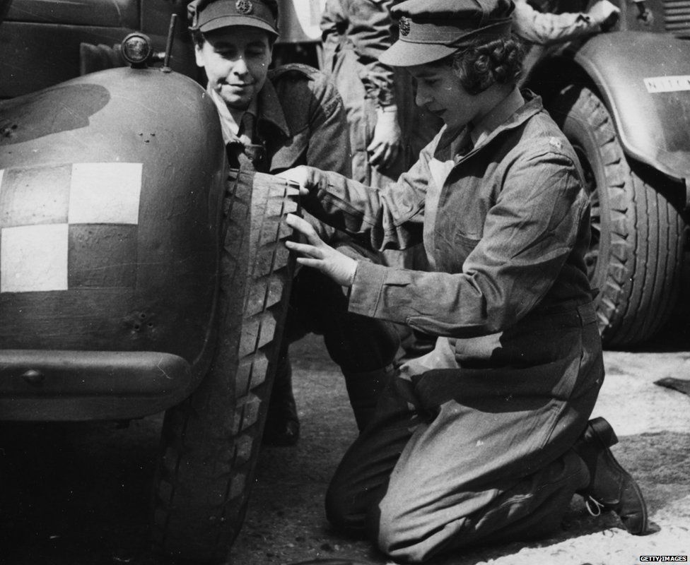 Queen Elizabeth II changing a tyre in World War 2