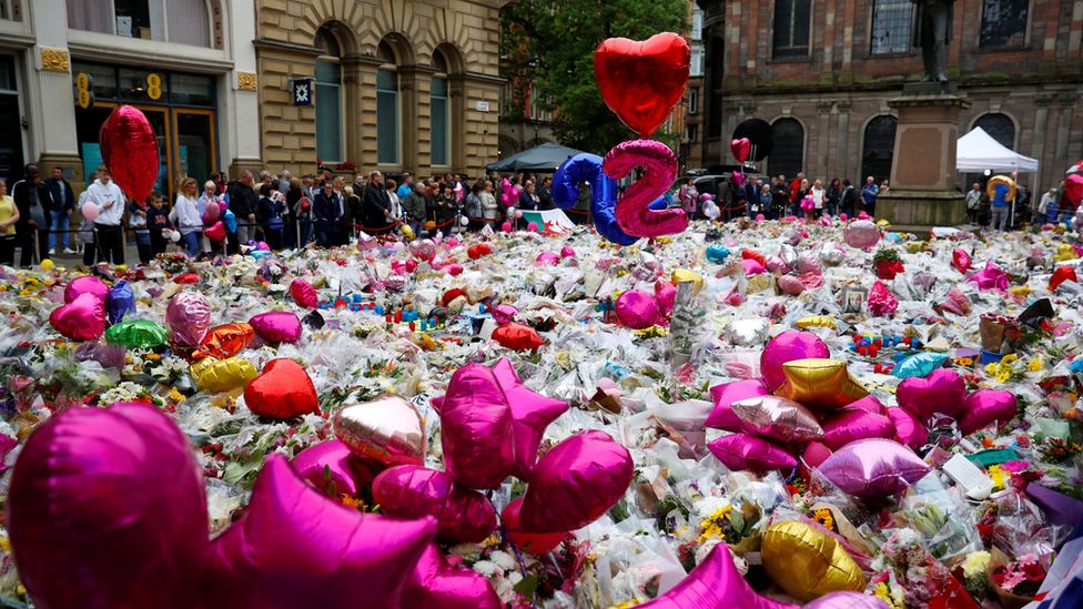 Flowers and tributes to the victims of the Manchester bombing filling St Ann's Square a week after the bombing on 29 May 2017