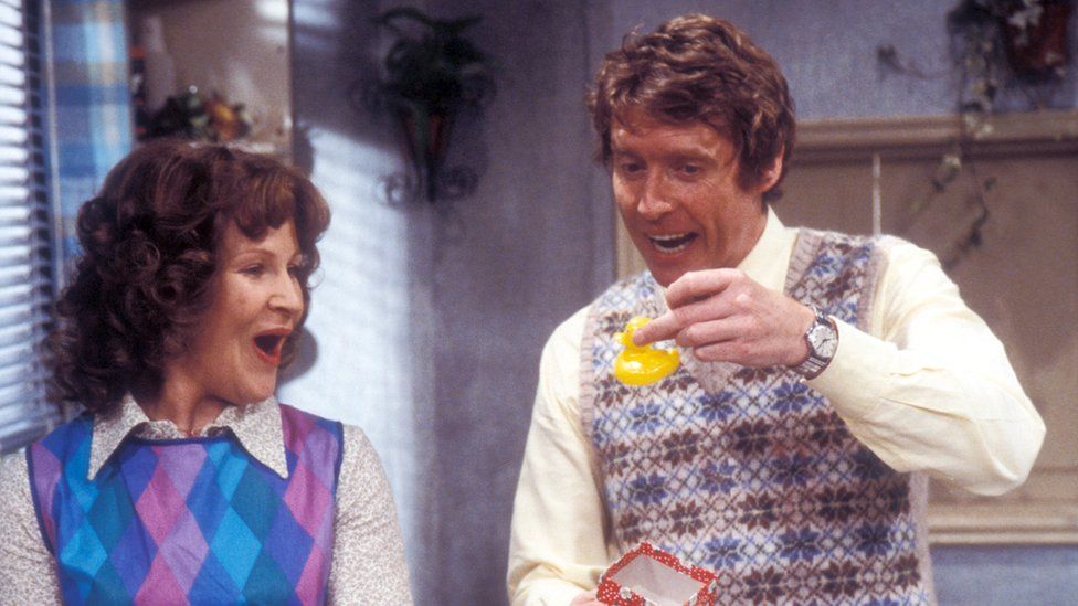 Michele Dotrice as Betty Spencer and Michael Crawford as Frank Spencer in series three of the comedy sitcom 'Some Mothers Do Ave Em'.