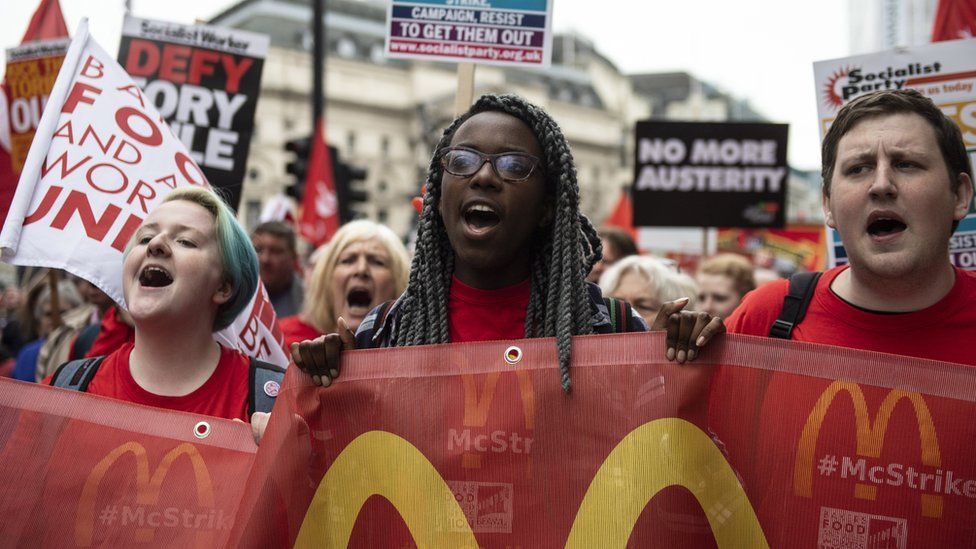 Striking McDonald's workers at a TUC protest in London
