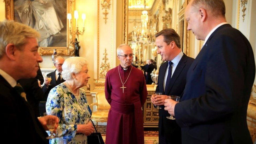 David Cameron, Chris Grayling, Archbishop of Canterbury Justin Welby, Commons Speaker John Bercow and the Queen at a reception in Buckingham Palace to mark the Queen"s 90th birthday