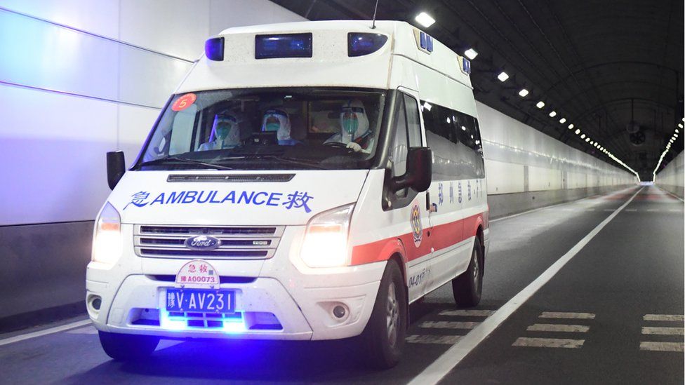 A medical assistance team from Henan Province uses an ambulance vehicle to transfer COVID-19 patients to a hospital on May 8, 2022 in Shanghai, China