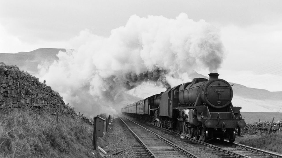 Class 5 locomotive with a passenger train at Ais Gill on the Settle to Carlisle line, 1955