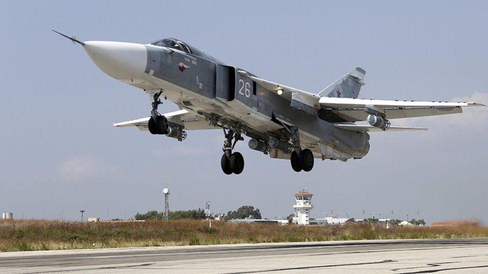 A Russian SU-24M jet fighter takes off from an airbase Hmeimim in Syria