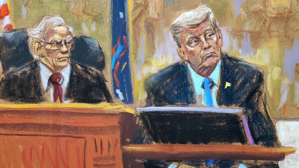 Donald Trump with Judge Arthur Engoron in a courtroom sketch