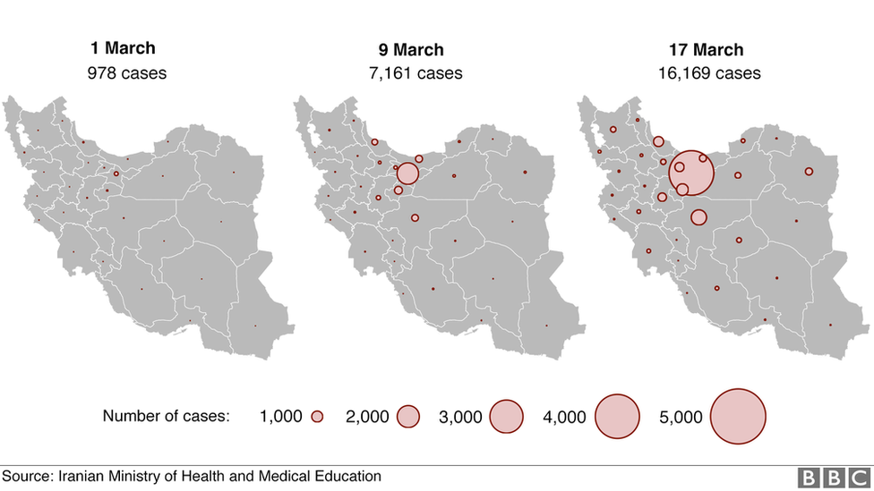 Graphic showing number of cases over time increasing across all 31 provinces in Iran