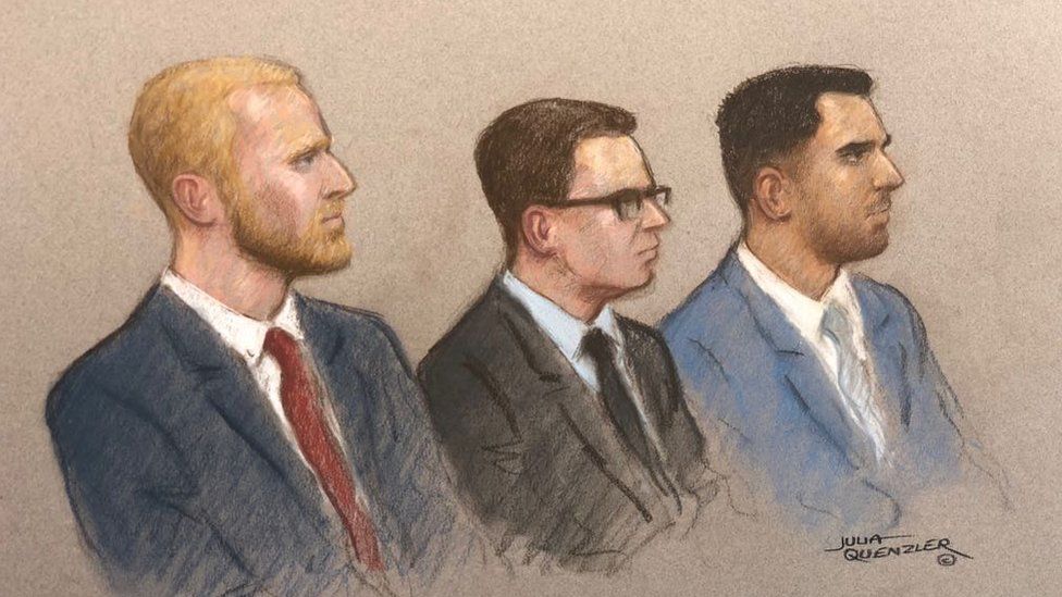 Court sketch of Ben Stokes, Ryan Hale and Ryan Ali