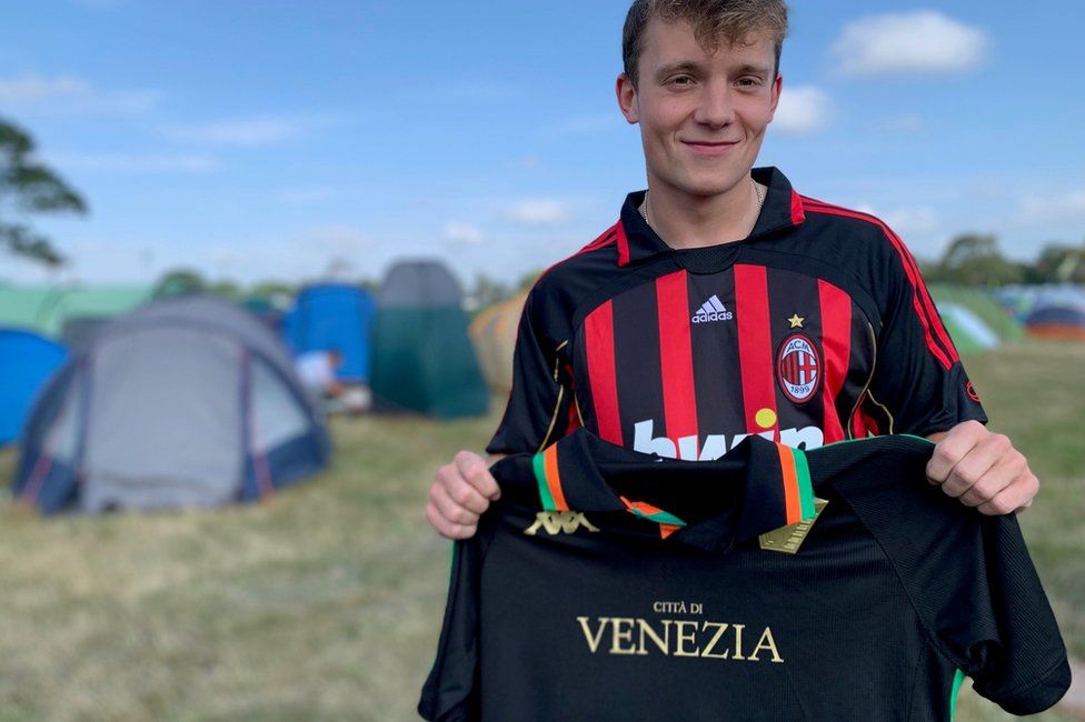 Will Orves with football shirts at Latitude