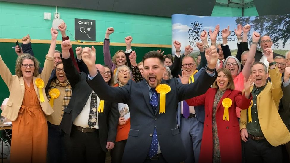 Cotswold District Council leader Joe Harris leads the Liberal Democrat celebrations