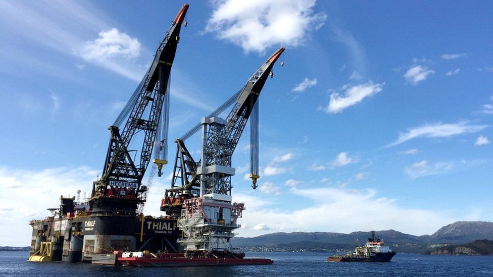 A general view of the drilling platform, the first out of four oil platforms to be installed at Norway's giant offshore Johan Sverdrup field during the first phase development, near Stord, western Norway (4 September 2017)
