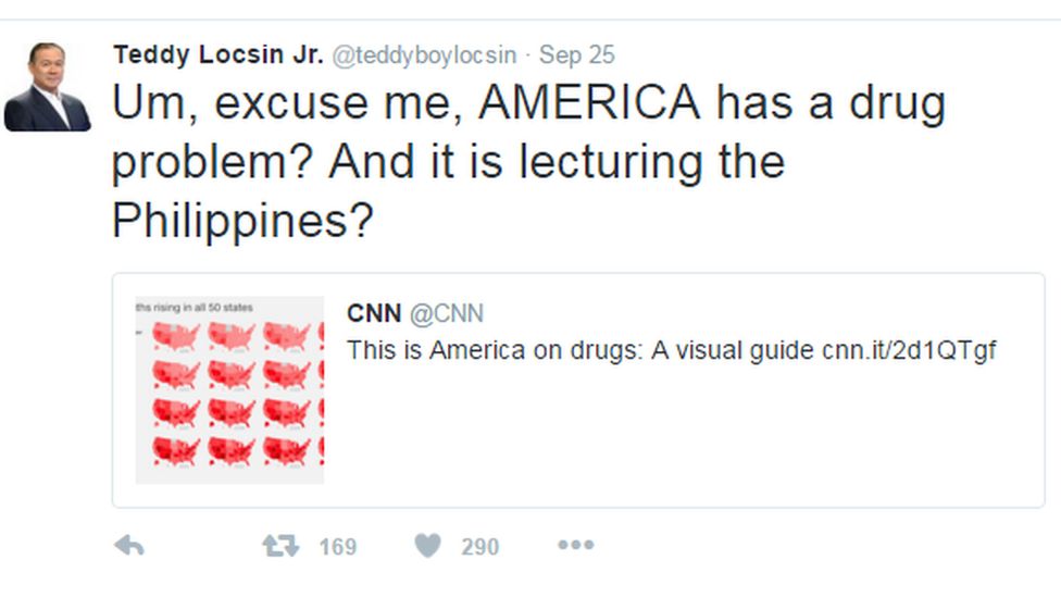 "Гм, извините, в Америке проблемы с наркотиками? И она поучает Филиппины?"