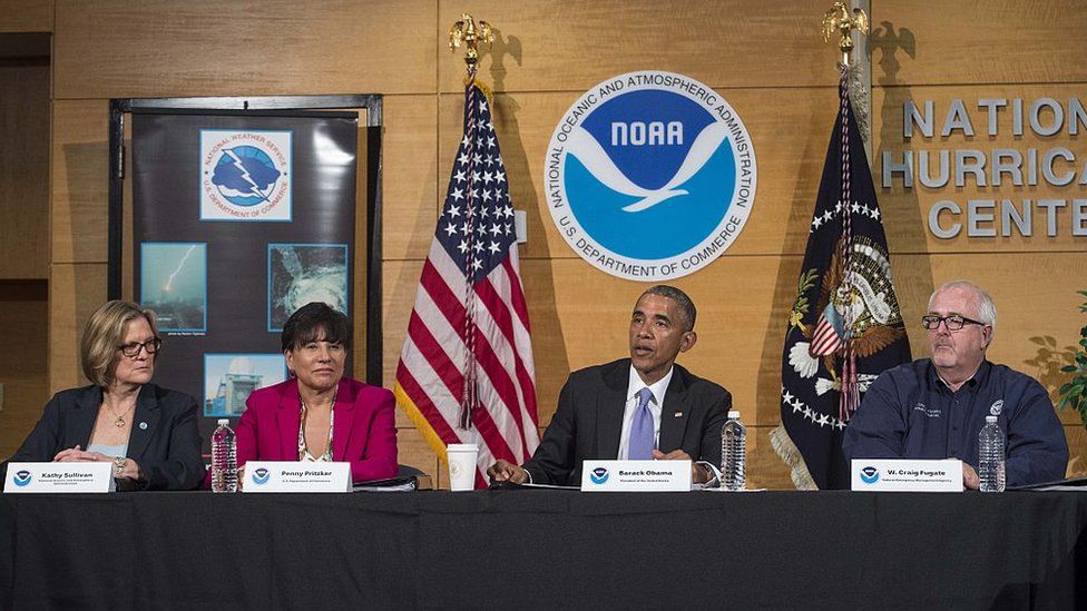 President Barack Obama speaks to the press after receiving the yearly hurricane season outlook and preparedness briefing at the National Hurricane Center in Miami on 28 May 2015