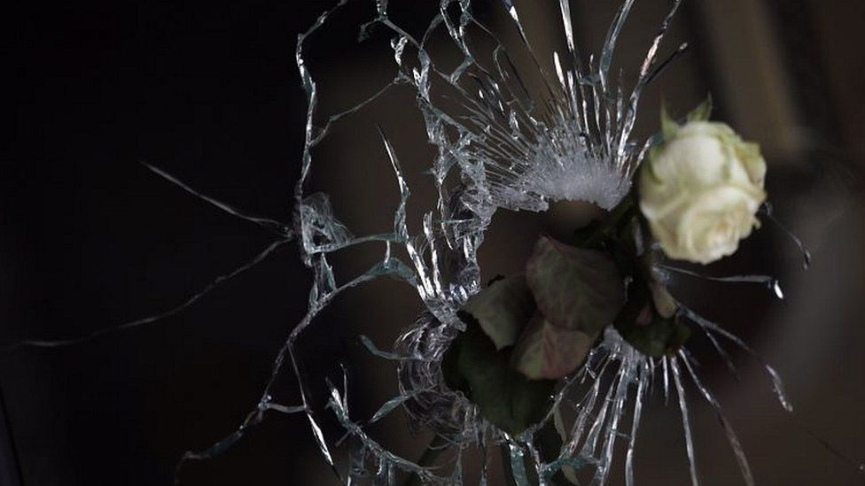 Rose through a bullet hole in a restaurant near La Belle Equipe on 15 November 2015