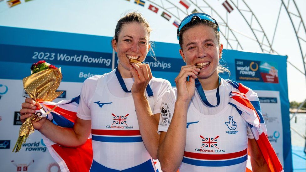Imogen Grant celebrates second senior World Championship title alongside partner Emily Craig at the 2023 World Rowing Championships in Belgrade, Serbia