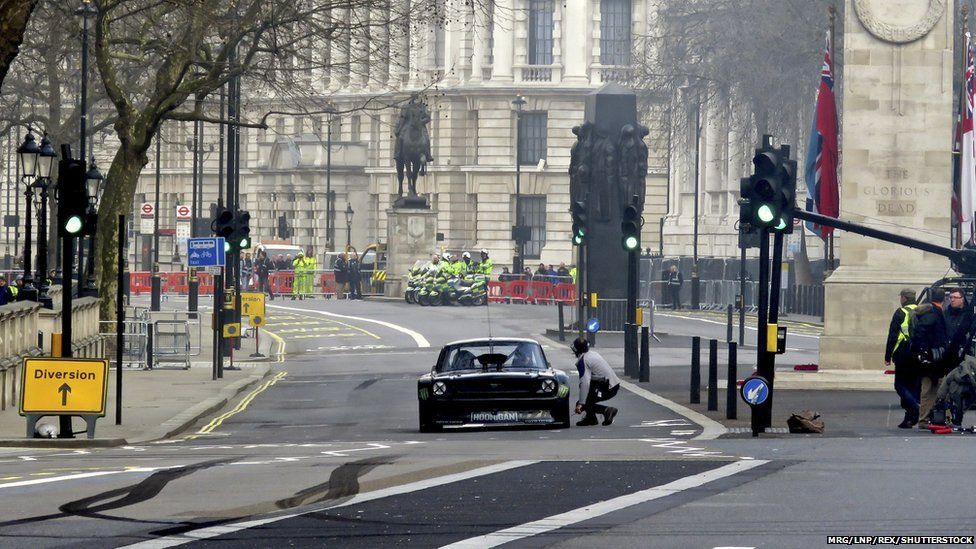Matt Leblanc takes part in filming for the new BBC Top Gear series near Cenotaph in Whitehall, London, on 13 March 2016