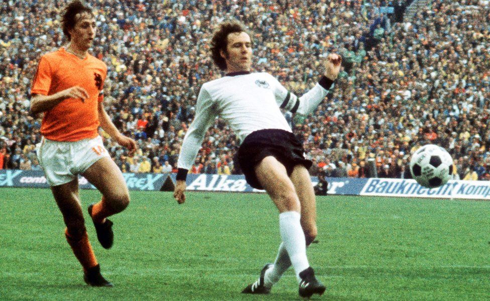 Germany's Franz Beckenbauer (right) in action with the late Johann Cruyff during the 1974 FIFA World Cup final