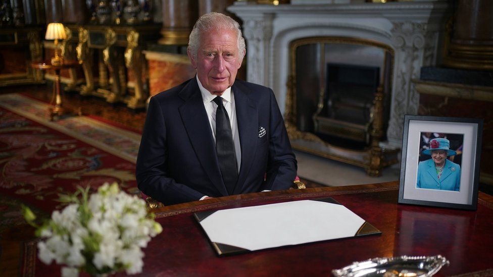 King Charles III delivers his address to the nation following the death of Queen Elizabeth II, 9 September 2022