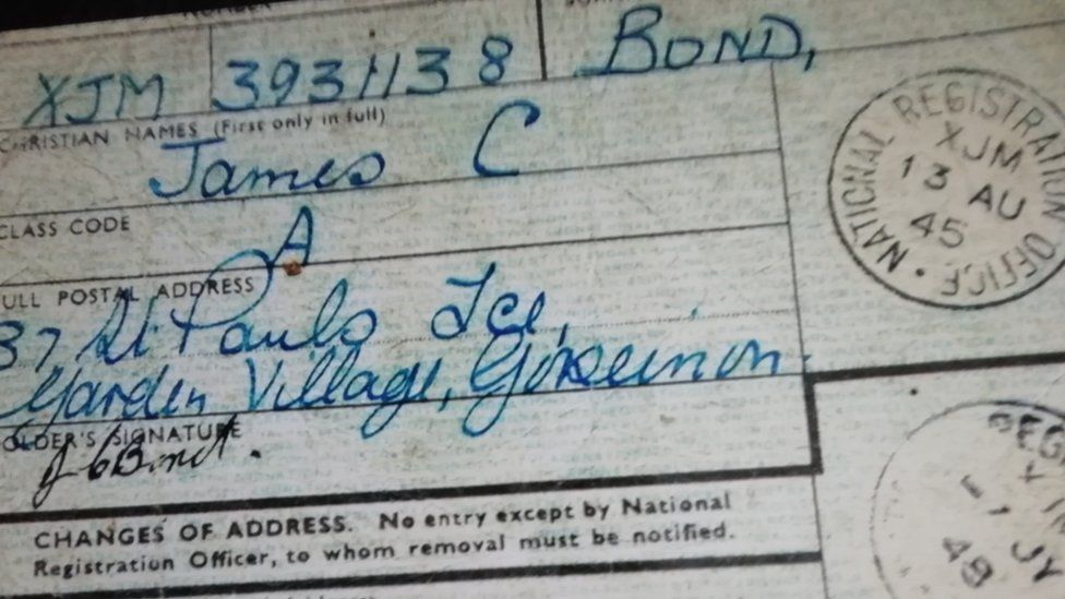 A World War Two document showing the address and signature of James Charles Bond