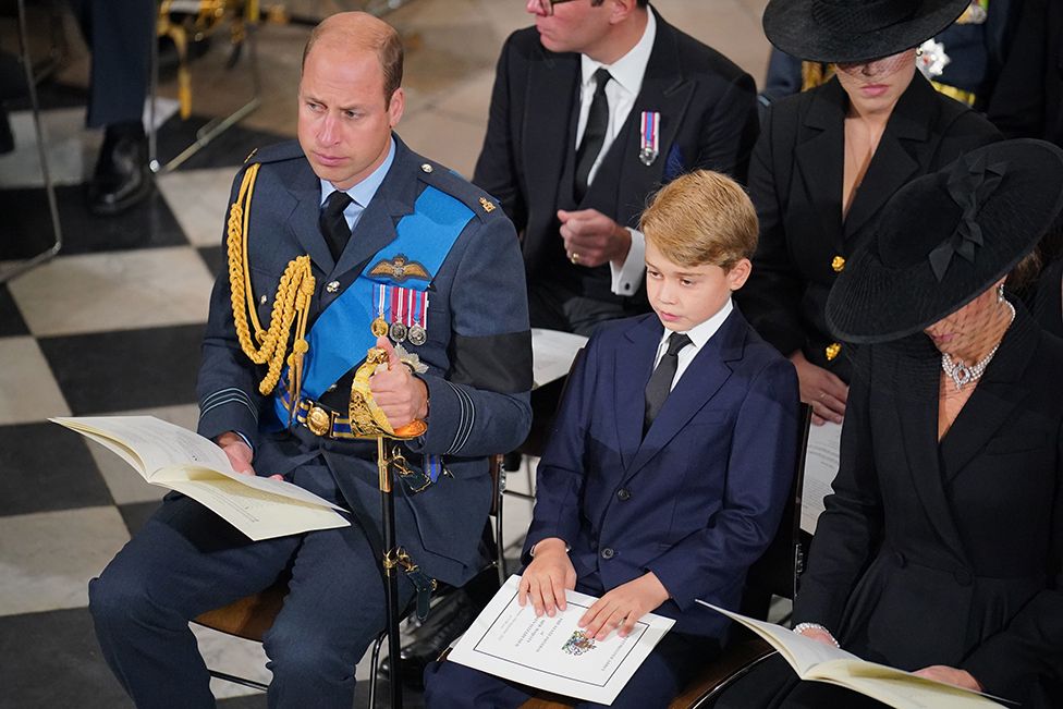 The Prince of Wales, Prince George and the Princess of Wales during her State Funeral of Queen Elizabeth II at the Abbey in London. Picture date: Monday September 19, 2022
