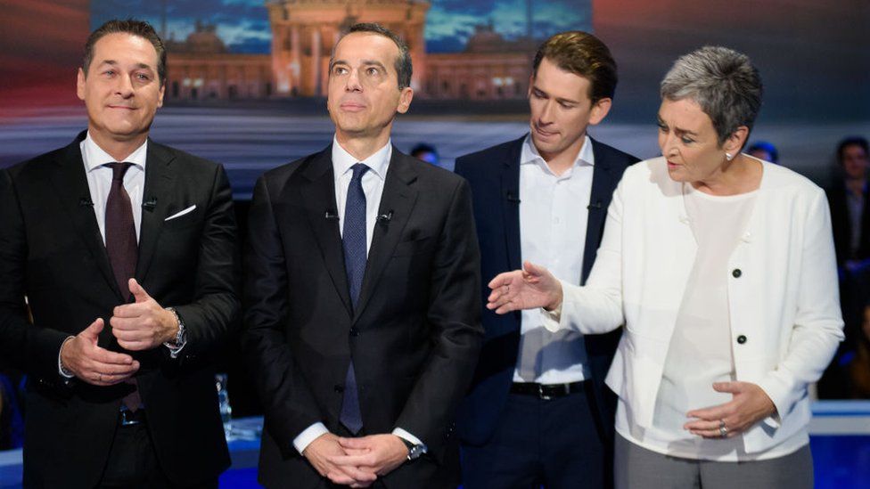 Heinz-Christian Strache of the right-wing Austrian Freedom Party (FPOe), Austrian Chancellor Christian Kern of the Social Democratic Party (SPOe), Austrian Foreign Minister Sebastian Kurz of Austrian Peoples Party (OeVP) and Ulrike Lunacek of the Austrian green party (Die Gruenen) at TV studios ahead of the televised election debate on 12 October 2017 in Vienna, Austria