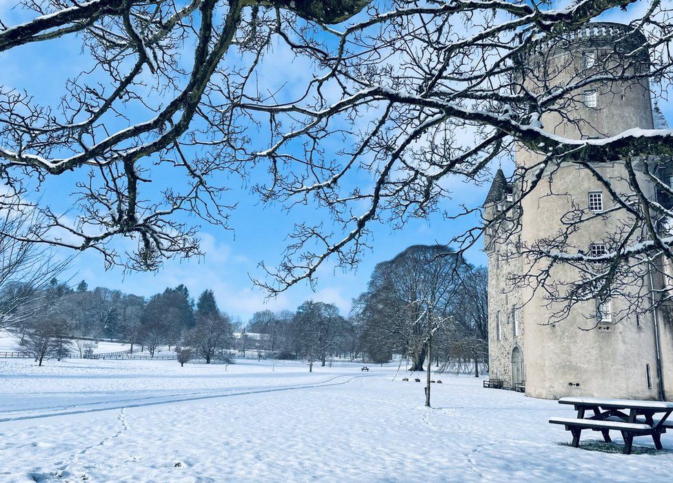 The grounds of Castle Fraser in Aberdeenshire in the snow
