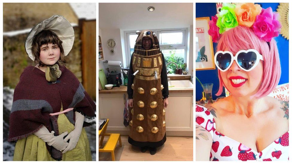 The images showing a young girl dressed in a bonnet, a woman dressed as a Dalek and a woman with heart-shaped sunglasses and flowers in her hair
