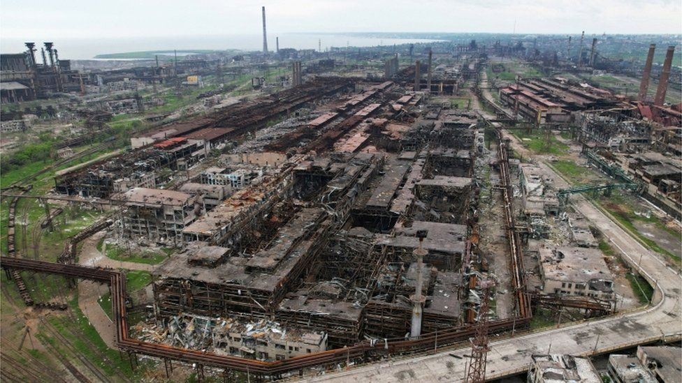 A drone image shows destroyed facilities at the Azovstal Iron and Steel Works in the southern port city of Mariupol, Ukraine