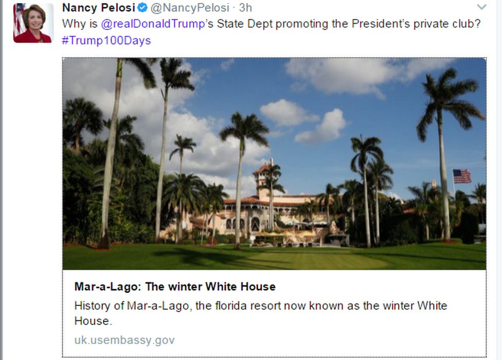Nancy Pelosi's tweet that reads: "Why is @realDonaldTrump’s State Dept promoting the President’s private club? #Trump100Days"